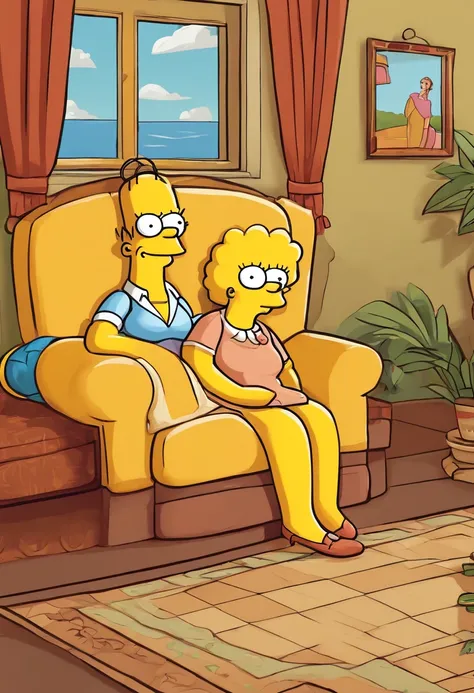 render a simpsons style cartoon woman and a simpsons style cartoon girl sitting on a couch, simpsons yellow faces, simpsons yellow arms and hands, simpsons girl holding simpsons woman sitting in front of her, girl putting her arms around woman sitting in f...