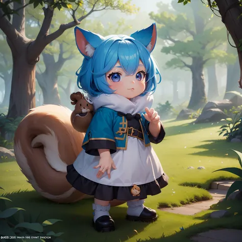 There is a small bear with an acorn in his hand,  There are also squirrels。There are also fawns。Chibichara　A cute girl with blue hair is also with me。It is a cute costume in white and blue。Dark eyes。cute forest creature, Adorable Digital Painting, cute det...