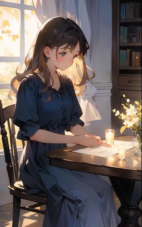 Beautiful maiden sitting at the table，is wearing dress，Read intently，Surrounded by the scent of books and warm light