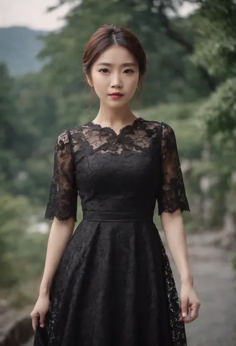 Full body of Japan woman wearing black lace dress