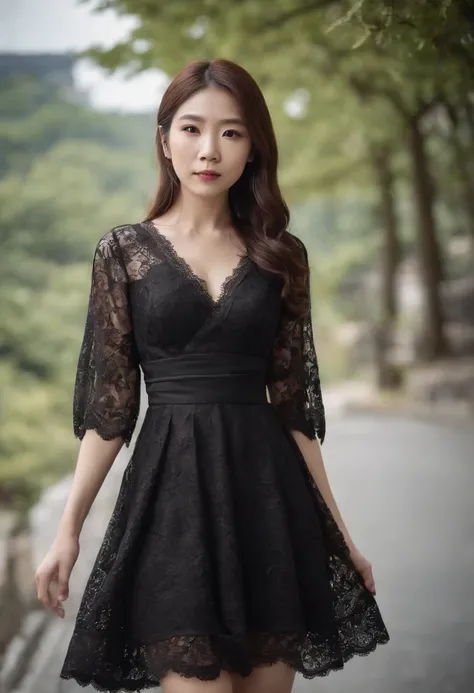 Full body of Japan woman wearing black lace dress