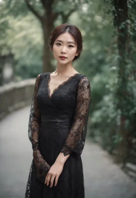 Full body of Japan woman wearing black lace dress