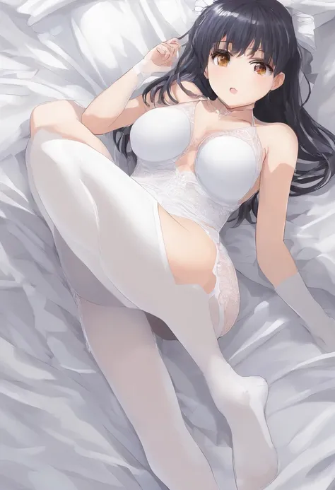 masterpiece, best quality, 1girl, solo, large breasts, (white lingerie, white thighhighs:1.2), indoors, bed, nsfw, spread ,spread ass ,hand on own ass,hinata