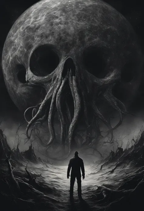 There is a planet in the middle, tentacles in universe, lovecraftian inspiration, Lovecraftian cosmic fear, lovecraftian hellscape, fantasy and cosmic horror movie, Lovecraftian atmosphere, lovecraftian, a planet in open space, no people