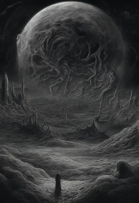 There is a planet in the middle, tentacles in universe, lovecraftian inspiration, Lovecraftian cosmic fear, lovecraftian hellscape, fantasy and cosmic horror movie, Lovecraftian atmosphere, lovecraftian, a planet in open space, no people