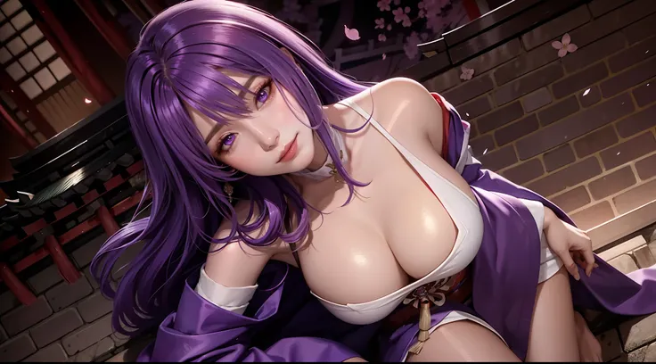 （t masterpiece, Need,1girll, Solo, Intricate details, Looking up perspective, color difference), real photo,(facade), (shoulder cut), cleavage, Close-up, smile, Sexy enhancement,Yae Miko, Purple blue hair, purple blue accents, purple eyes, sharp look, perf...