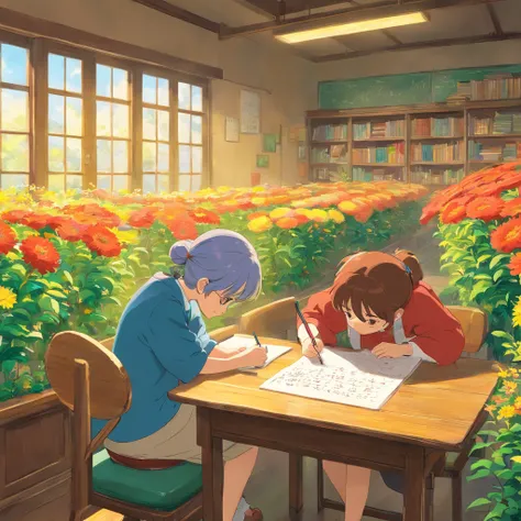 Quality first,masterpiece in detail,A teacher,Several students,Write and read,in class room,fresh flowers,Rich in color