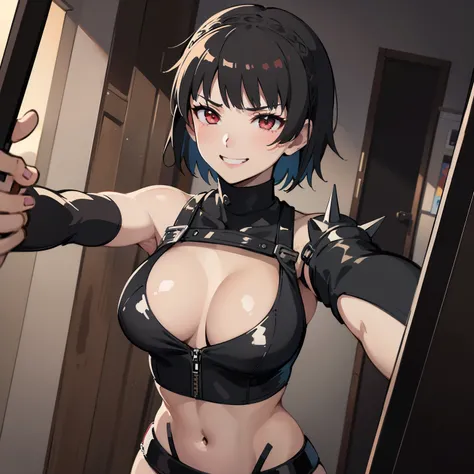 Makoto Nijima, blush, holding phone, selfie, sweats, sexy poses, in front of a mirror, smartphone camera flash, sleek and modern background, high-quality illustration, vibrant colors, dramatic lighting,  smiles, grin, leather outfit