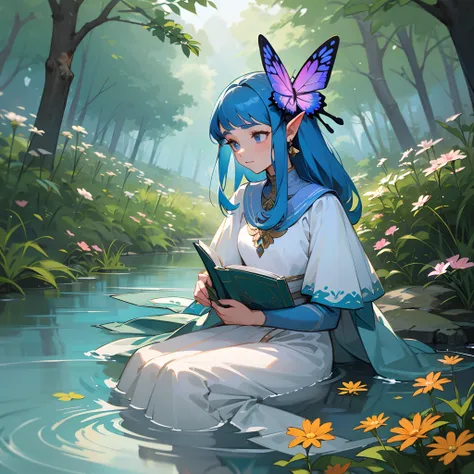 Woman in white dress reading book by the water, a small river in the forest, flowers, butterflies, rainbow, half body, illustration ,botw  style --auto --s2