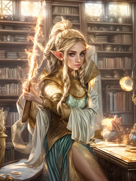 magv1ll, high details, best quality, 16k, [ultra detailed], masterpiece, best quality, (extremely detailed), ultra wide shot, photorealistic, a picture of an elf magical teacher (best details, Masterpiece, best quality: 1.5), teaching magical arts, [[manip...