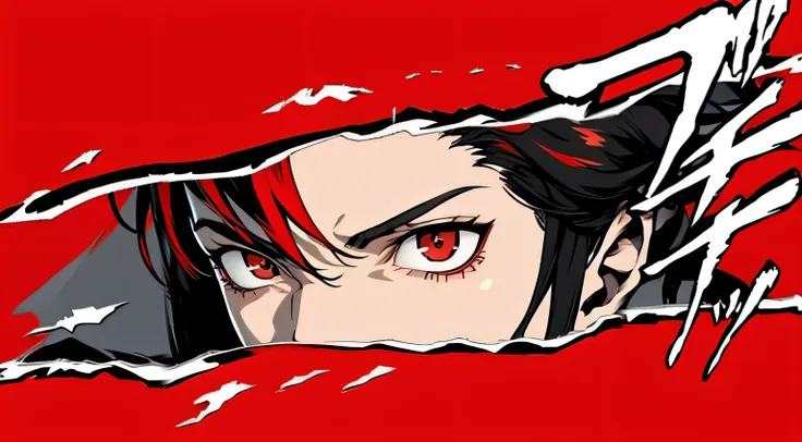 masterpiece, best quality, simple background, finely detailed, 1boy, black hair, red eyes, grey jacket, red t-shirt, Face focus, Persona 5 Art Style, {red streaked hair, messy hair, zarya haircut}