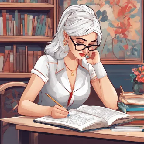 Quality first,masterpiece in detail,A teacher,sportrait,closeup cleavage,Wearing glasses,White hair,Several students write,looking at book,in class room,fresh flowers,Rich in color