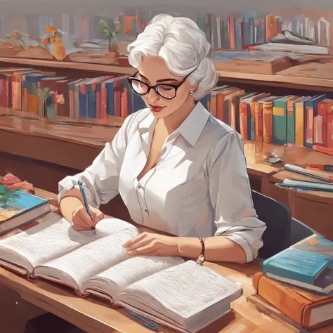 Quality first,masterpiece in detail,A teacher,sportrait,closeup cleavage,Wearing glasses,White hair,Several students write,looking at book,in class room,fresh flowers,Rich in color