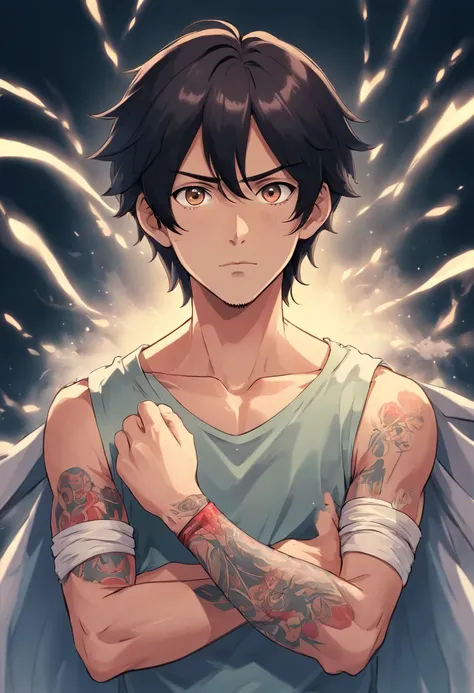 anime man with dark hair and light-colored eyes. He’s a cult leader with tattoos and covered in bandages with a foggy dark background.