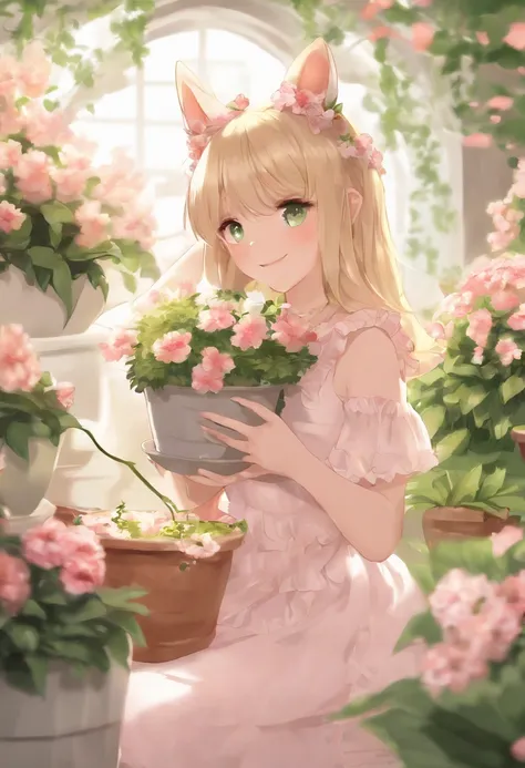 1girl, :d, animal ear fluff, animal ears, bangs, black hairband, blonde hair, blurry, blurry background, depth of field, dress, flower, flower pot, frilled dress, frills, green dress, green eyes, hairband, holding, long hair, open mouth, pink flower, plant...