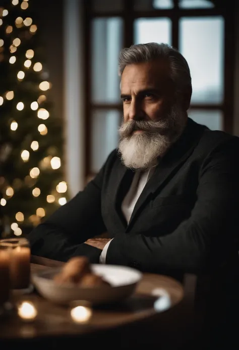 Retrato de um pai com barba comprida branca,senta a uma mesa de natal