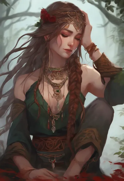 Anime girl, celtic, young adult, braided hair, shaman, feral, bloody, crouched, bone jewellery, thretaning