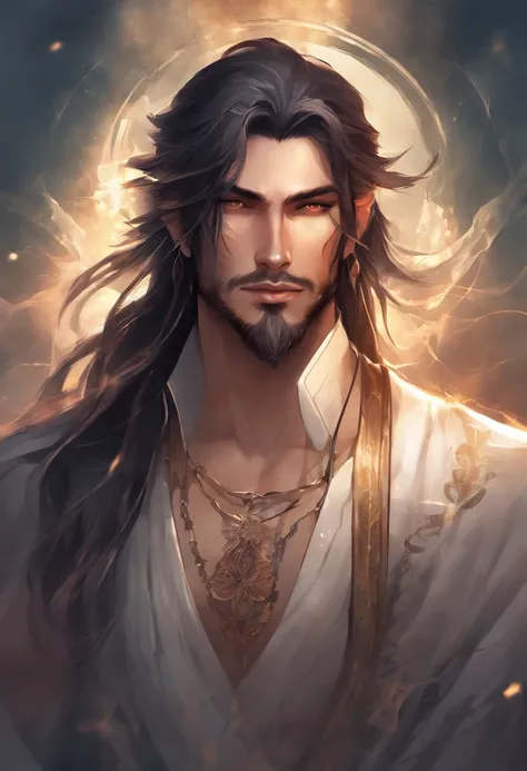 anime man with long dark hair and light-colored eyes. He’s a cult leader with tattoos and covered in bandages with a foggy dark background.