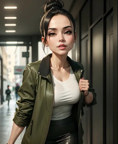 "Sexy woman with a sleek black hair bun, wearing a trendy olive green jacket and skirt over a white t-shirt, her mouth covered by a stylish grey mask, giving off a casual yet alluring vibe."