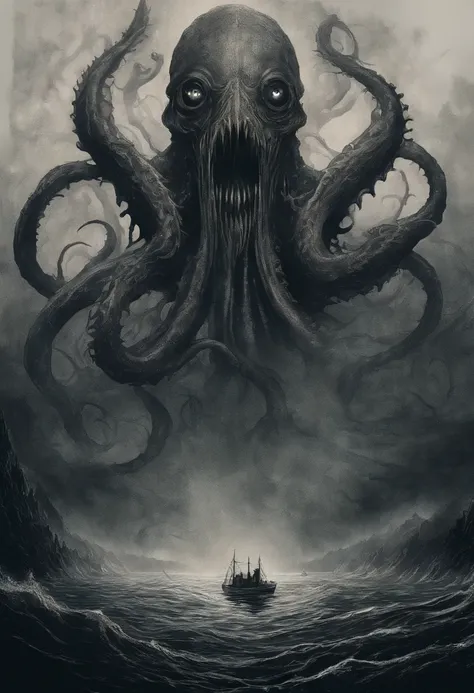 The abyss of the ocean, lovecraftian inspiration, Lovecraftian fear of depths, Lovecraftian atmosphere, lovecraftian, tentacles, eyes looking from the abyss