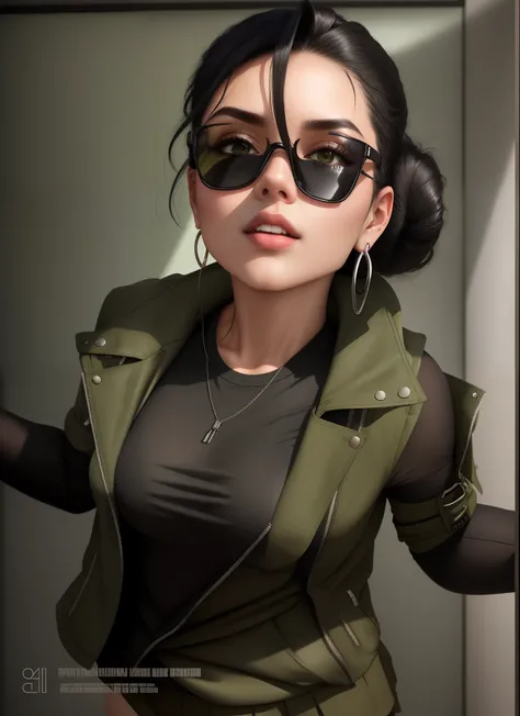 "Sexy woman with a sleek black hair bun, wearing a trendy olive green jacket and skirt over a white t-shirt, her mouth covered by a stylish grey mask, giving off a casual yet alluring vibe."