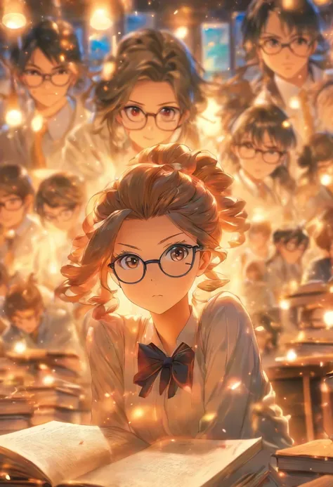 Quality first,masterpiece in detail,A teacher,sportrait,closeup cleavage,Wearing glasses,Several students wrote,looking at book,in class room,fresh flowers,Rich in color,Study seriously