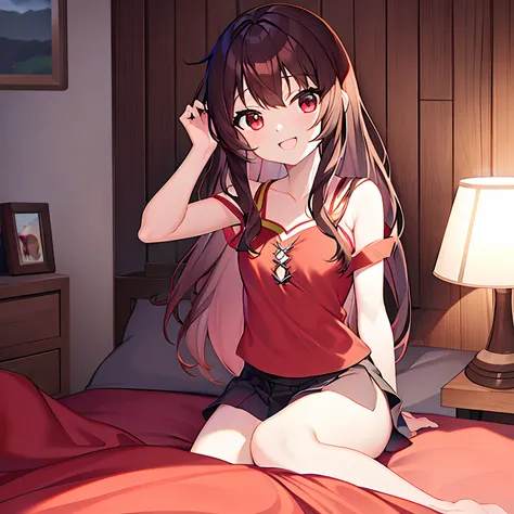 Cabelos castanhos curto、olhos vermelhos、Megumin sozinha、solo、animesco、Camisola、uma cama、um sorriso