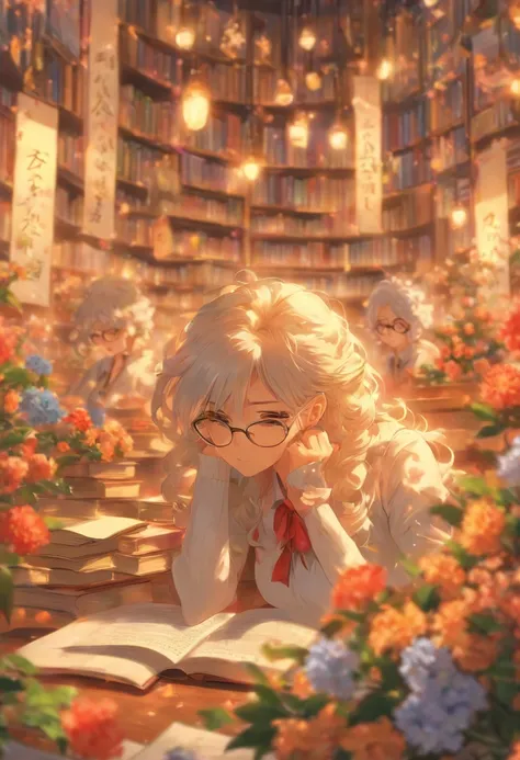 Quality first,masterpiece in detail,A teacher,sportrait,closeup cleavage,Wearing glasses,White hair,Several students wrote,looking at book,in class room,fresh flowers,Rich in color