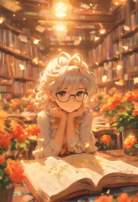 Quality first,masterpiece in detail,A teacher,sportrait,closeup cleavage,Wearing glasses,White hair,Several students wrote,looking at book,in class room,fresh flowers,Rich in color