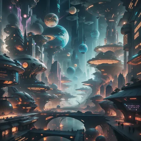 Space City、Futuristic cities、alien、floating in the universe、cyberpunked、skyscrapers line up、A space station、top-quality、​masterpiece、２４century、dream、utopian、planet earth、World of Dreams、Fantasia、𝓡𝓸𝓶𝓪𝓷𝓽𝓲𝓬、Beautiful city