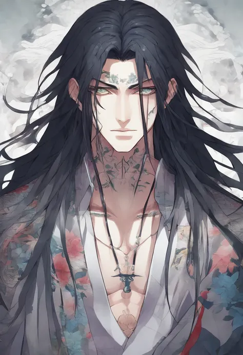 anime man with long dark hair and light-colored eyes. He’s a cult leader with tattoos and covered in bandages with a foggy dark background.