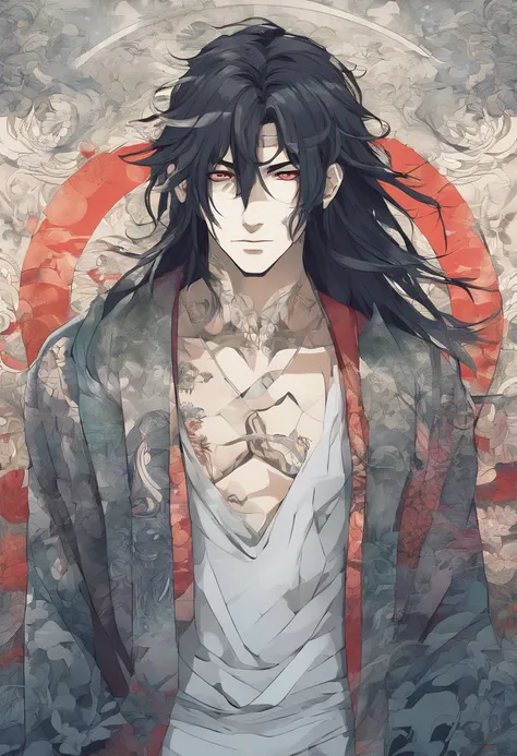 anime man with long dark hair and light-colored eyes. He’s a cult leader with tattoos and covered in bandages with a foggy dark background.