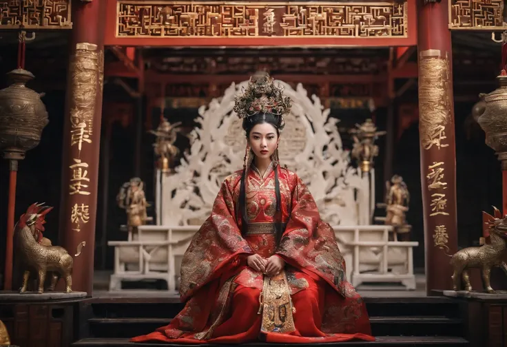 Fengshen Bang，tmasterpiece，ultra fine photos，，best qualtiy，超高分辨率，Photoreality，Chiaroscuro，（full-body portraits），stunningly beautiful，dynamicposes，delicated face，Bigchest，Murderous eyes，（seen from the side），She wears gold ancient Chinese armor，very highly d...