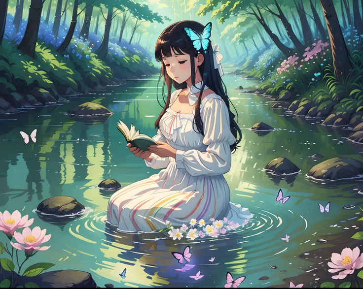 woman in white dress reading book by the water, a small river in the forest, flowers, butterflies, rainbow, half body, illustrat...