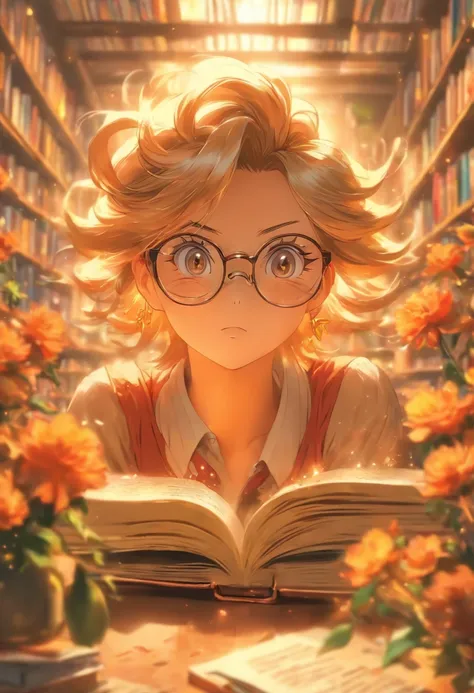 Quality first,masterpiece in detail,A middle-aged woman wears glasses,sportrait,closeup cleavage,Several students wrote,looking at book,in class room,fresh flowers,Rich in color