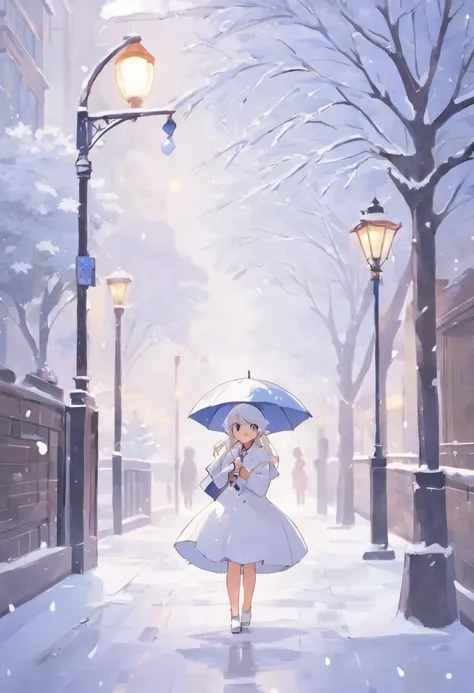 Winters，the night，nevando，Snow on the ground，pedestrian walkway，Holding an umbrella，White umbrella，Long white dress，shot from a far distance，