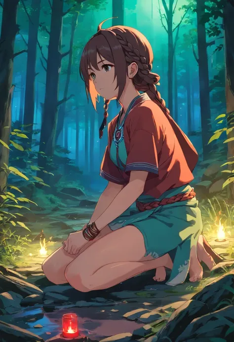 Anime girl, celtic, young adult, braided hair, shaman, feral, covered in blood, crouched, bone jewellery, thretaning, midnight, forest background