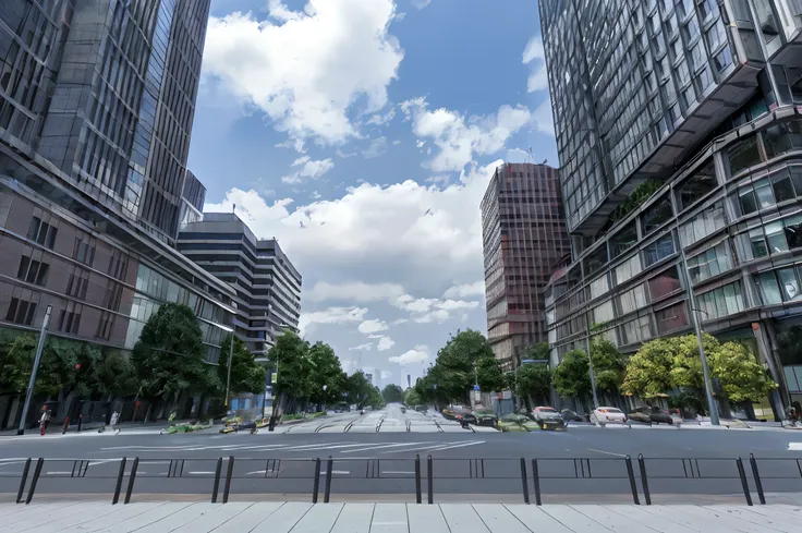 there are many buildings and streets with benches, japanese downtown, tokyo streets, highrise business district, tokyo street ba...