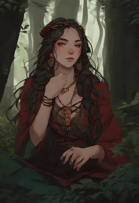 Anime girl, celtic, young adult, curvy, mature, braided hair, shaman, feral, covered in blood, crouched, bone jewellery, thretaning, midnight, forest background