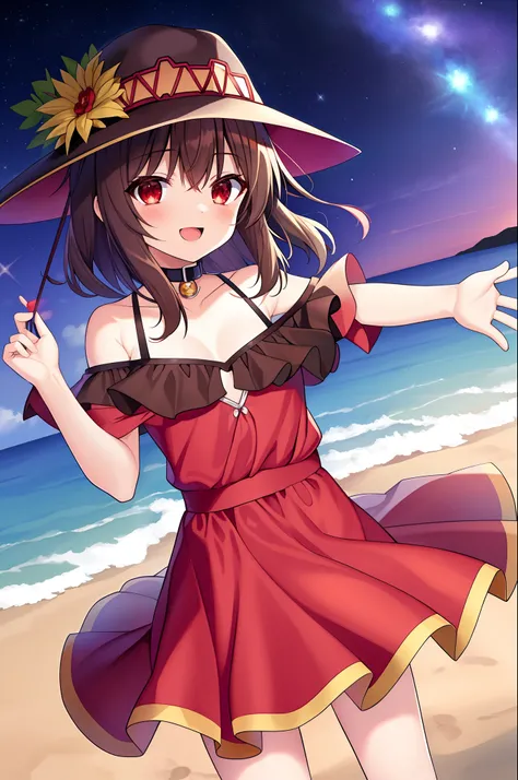 obra-prima, melhor qualidade, Night beach with starry sky, megumin, feliz, ombros nus, vestido branco, cabelo castanho, cabelo liso, cabelo liso, Magician Hat, olhando para o espectador, red eyes, explosion magic