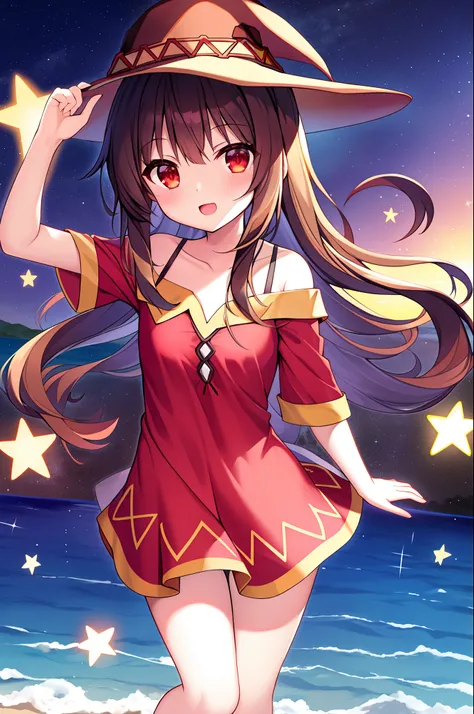 obra-prima, melhor qualidade, Night beach with starry sky, megumin, feliz, ombros nus, vestido branco, cabelo castanho, cabelo liso, cabelo liso, Magician Hat, olhando para o espectador, red eyes, explosion magic