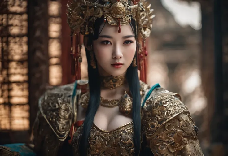 Fengshen Bang，tmasterpiece，ultra fine photos，，best qualtiy，超高分辨率，Photoreality，Chiaroscuro，（full-body portraits），stunningly beautiful，dynamicposes，delicated face，Bigchest，Murderous eyes，（seen from the side），She wears gold ancient Chinese armor，very highly d...