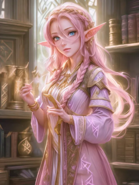 high details, best quality, 16k, [ultra detailed], masterpiece, best quality, (extremely detailed), ultra wide shot, photorealistic, a picture of an elf magical teacher (best details, Masterpiece, best quality: 1.5), teaching magical arts, manipulating mag...