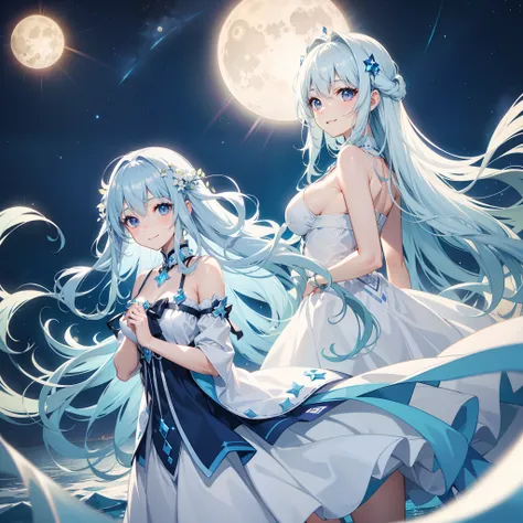 Pretty girl　a smile　light blue long hair　Black eyes　White and blue long dress、A starry sky with beautiful auroras、What is the moon of this world?、I dont think、Fantastic night scenery、Shine on the surface of the lake。Moonlight、illuminate the whole body。Face...