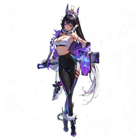 ((Best Quality, 8K, Masterpiece: 1.3)), a woman in a purple outfit and a crown holding a sword, seraphine ahri kda, katana zero video game character, kda, lunar themed attire, irelia, arms akimbo pose, full body xianxia, from the azur lane videogame, holy ...