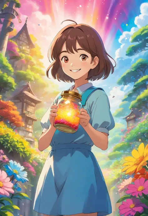 A girl standing with a beaming smile on her face, holding the jar of magic paint in her hands. It is surrounded by a magical and colorful environment, with colorful flowers, vibrant trees and a sky full of rainbows. 4k resolution