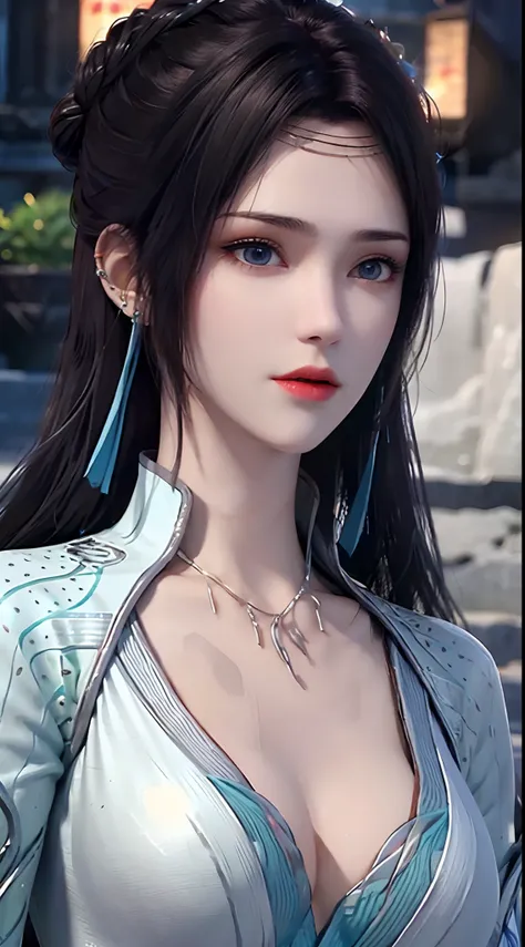 1 beautiful girl wearing a Hanfu dress, Thin blue silk shirt，There are many white patterns, White lace trim, Purple-black long ponytail, hair adornments, ear jewelry, necklace and necklace, Carefully drawn large blue eyes, meticulous makeup, Thin eyebrows,...