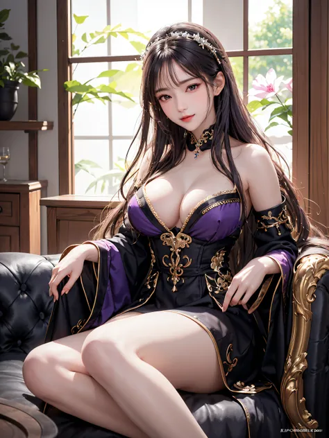 Masterpiece, intricate detail, 8k, hires, ultra detailed, extremely delicate and beautiful, Imagine a scene where a woman with a slight smile, adorned in a purple-haired, long-haired, and wearing a black maid outfit, is seated on a living room sofa. The se...