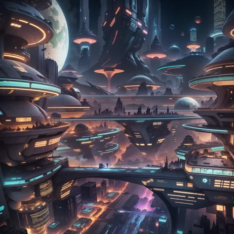 Space City、Futuristic cities、alien、floating in the universe、cyberpunked、Skyscrapers line the streets、A space station、top-quality、​masterpiece、２４century、dream、utopian、planet earth、World of Dreams、Fantasia、𝓡𝓸𝓶𝓪𝓷𝓽𝓲𝓬、Beautiful city