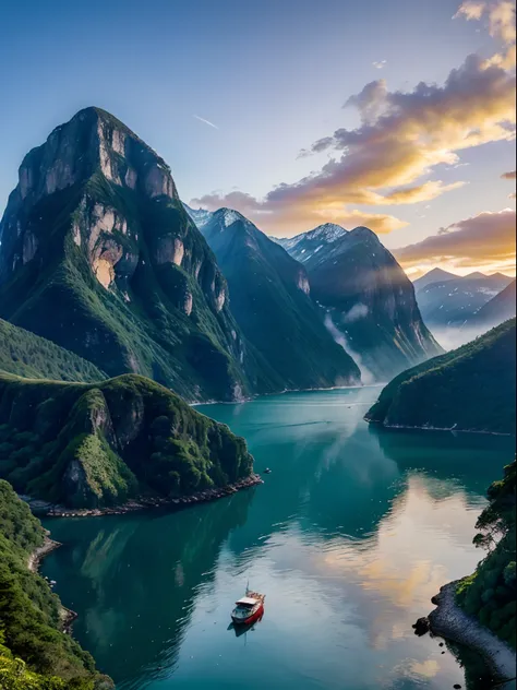 (breathtaking landscape, natures masterpiece),[fiery sunset],[emerald green water],[dramatic cliffs],[misty mountains],[lush rainforest],[towering waterfalls],[majestic fjords],[silvery mist],[melodic birdsongs],[serene tranquility],[captivating beauty],[u...